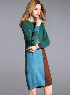 Stylish Contrast Color O-neck Knitted Dress