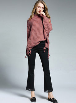Stylish Loose Lacing Long Sleeve Knitted Sweater