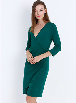 Green V-neck Asymmetric Bodycon Dress