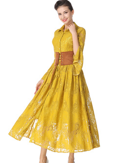 Yellow Lapel Waist Lace A-line Dress