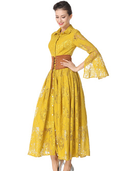 Yellow Lapel Waist Lace A-line Dress