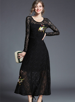 Black Lace Embroidery Maxi Dress
