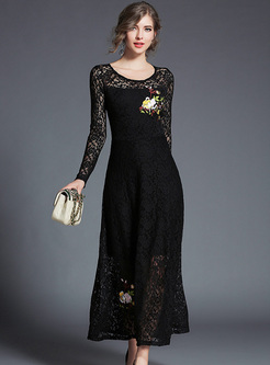 Black Lace Embroidery Maxi Dress
