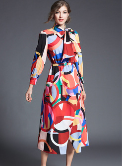 Street Color-blocked Tied-collar Maxi Dress