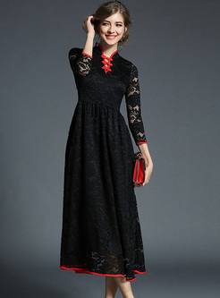 Vintage Stand Collar Lace Maxi Dress