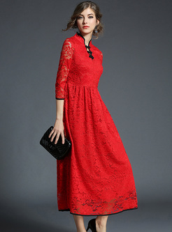 Vintage Stand Collar Lace Maxi Dress
