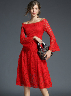 Red Elegant Lace Off Shoulder A-line Dress