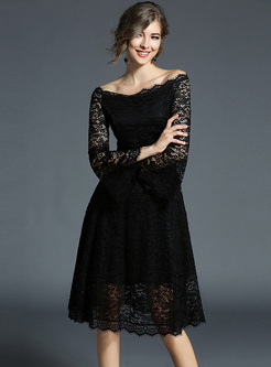 Black Elegant Lace Slash Neck A-line Dress