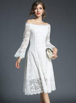Off-the-shoulder Flare Sleeve Lace A Line Dress