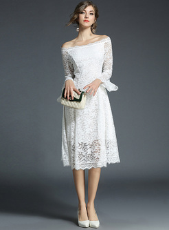 Off-the-shoulder Flare Sleeve Lace A Line Dress