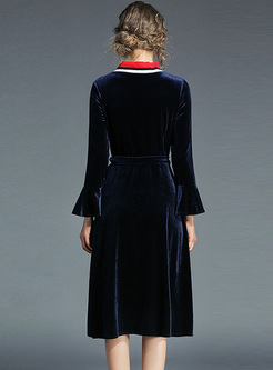 Street Color-blocked V-neck Flare Sleeve A-line Dress