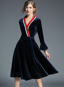 Street Color-blocked V-neck Flare Sleeve A-line Dress