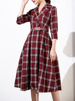 Vintage Grid Notched Neck A-line Dress