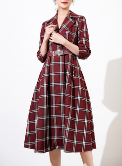 Vintage Grid Notched Neck A-line Dress