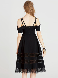 Black Slash Neck Lace A-line Dress