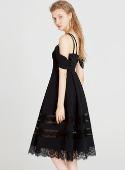 Black Slash Neck Lace A-line Dress