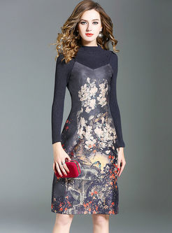 Vintage Knitted Splicing Floral Print Bodycon Dress