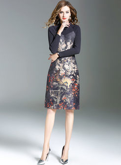 Vintage Knitted Splicing Floral Print Bodycon Dress