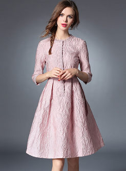 Pink Jacquard Three Quarters Sleeve Lace Skater Dress