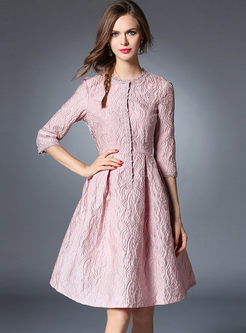 Pink Jacquard Three Quarters Sleeve Lace Skater Dress