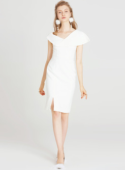 White Elegant V-neck Split Skinny Dress