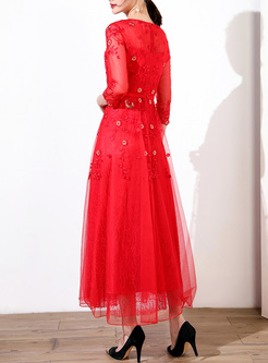 Red Embroidery Embroidery Beaded Maxi Dress