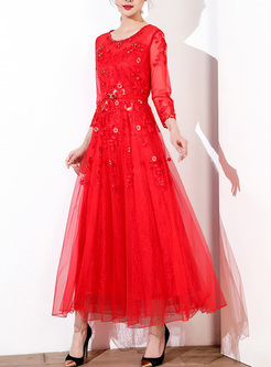 Red Embroidery Embroidery Beaded Maxi Dress