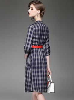 Chic Stand Collar Grid A-line Dress