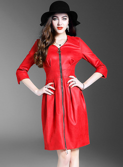 Red Zippered V-neck Slim Bud Dress