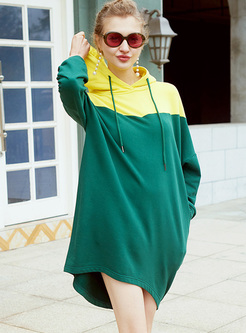 Street Color-blocked Hooded Loose Dress