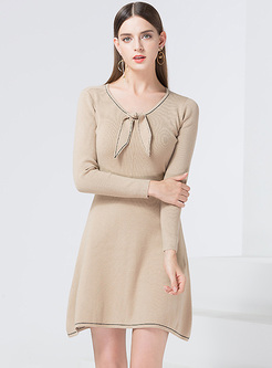 Brief Bowknot Slim Mini Knitted Dress