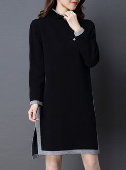 Brief Hit Color Slit Stand Collar Knitted Dress