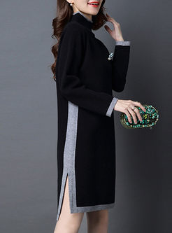 Brief Hit Color Slit Stand Collar Knitted Dress