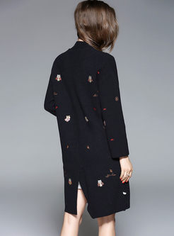 Loose Slit Cashmere Embroidery Knitted Coat