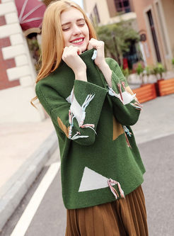 Green Stand Collar Color-blocked Sweater
