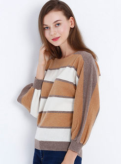 Causal Hit Color Striped Lantern Sleeve Sweater