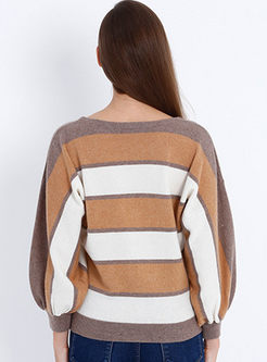 Causal Hit Color Striped Lantern Sleeve Sweater
