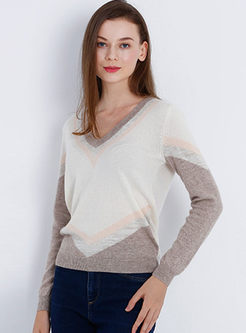 Striped Hit Color V-neck Knitted Sweater