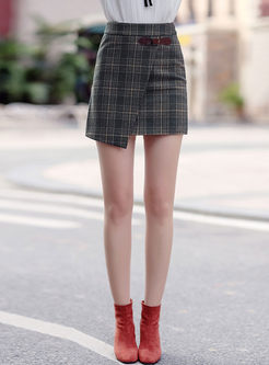 Plaid Splicing Asymmetric Hem Woolen Skirt