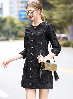 Black Jacquard Colorful Button A-line Dress