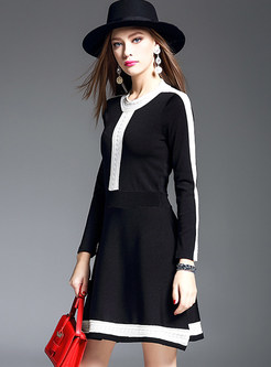 Brief Striped Hit Color Long Sleeve Knitted Dress