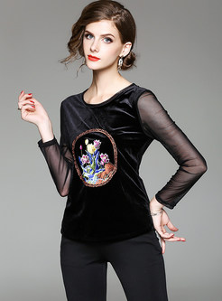 Vintage Cat Embroidery Mesh Lace Top