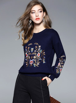 Ethnic Flower Embroidery Lantern Sleeve Sweater
