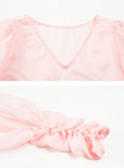 Pink Chiffon Top & Sleeveless V-neck Shift Dress
