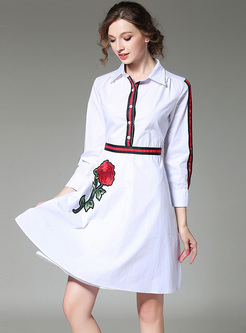 Elegant Lapel Rose Embroidery Skater Dress