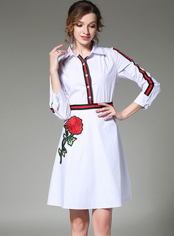 Elegant Lapel Rose Embroidery Skater Dress
