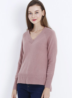 Stylish V-neck Asymmetric Hem Knitted Sweater