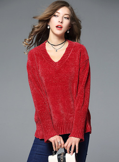Red Loose V-neck Pullover Sweater