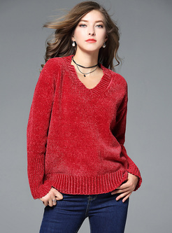 Red Loose V-neck Pullover Sweater