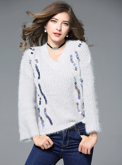 Brief Sequined V-neck Loose Sweater
